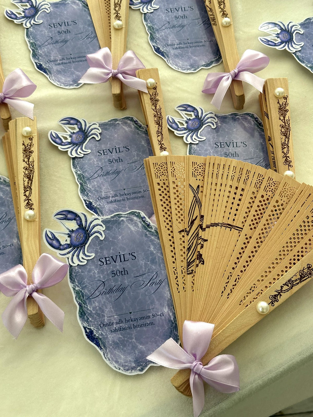 Lilac Crab Birthday Party Cards with Wooden Hand Fan — Chocodad Baku