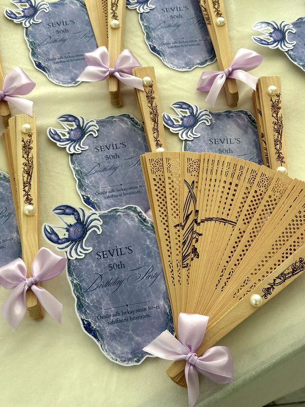 Lilac Crab Birthday Party Cards with Wooden Hand Fan — Chocodad Baku