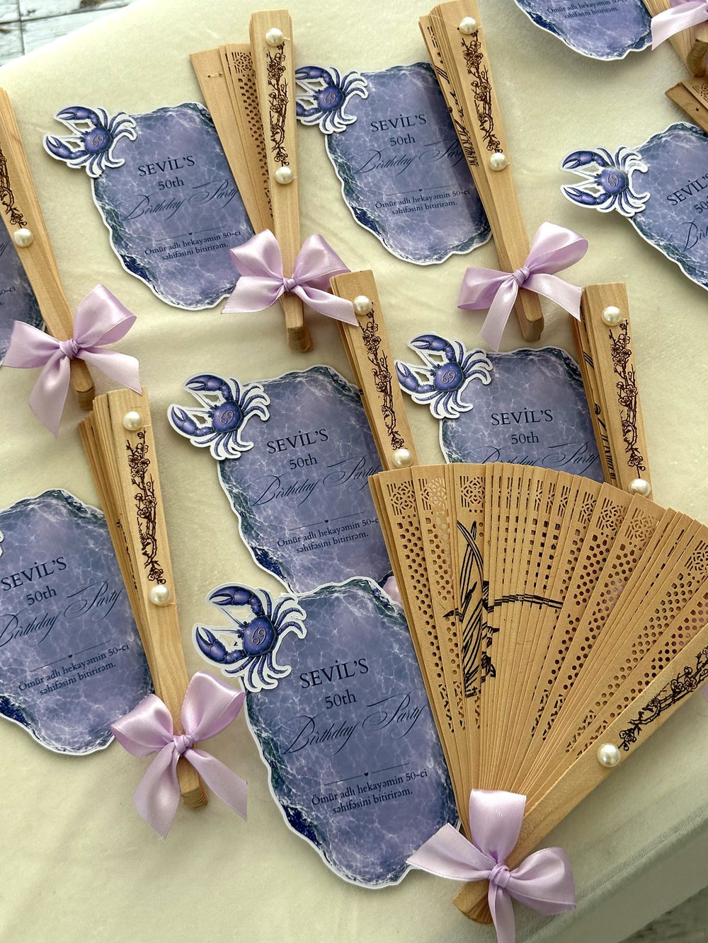Lilac Crab Birthday Party Cards with Wooden Hand Fan — Chocodad Baku