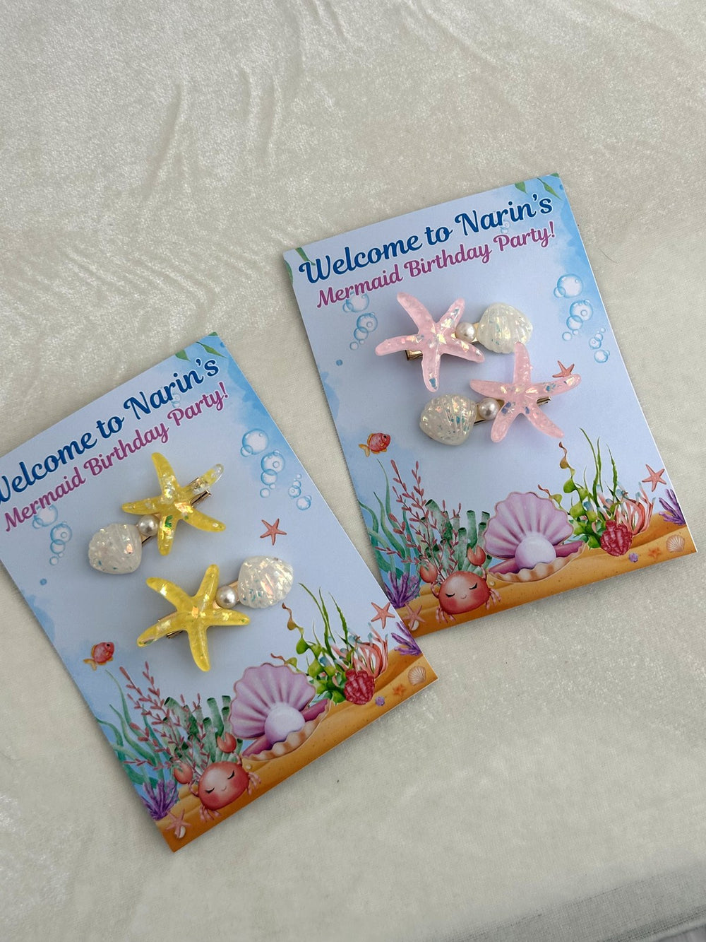 Mermaid Birthday Party Favor Cards with Starfish Hair Clips — Chocodad Baku