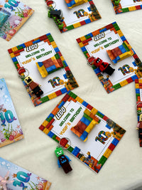 LEGO Birthday Favor Cards with Minifigure Keychain — Chocodad Baku