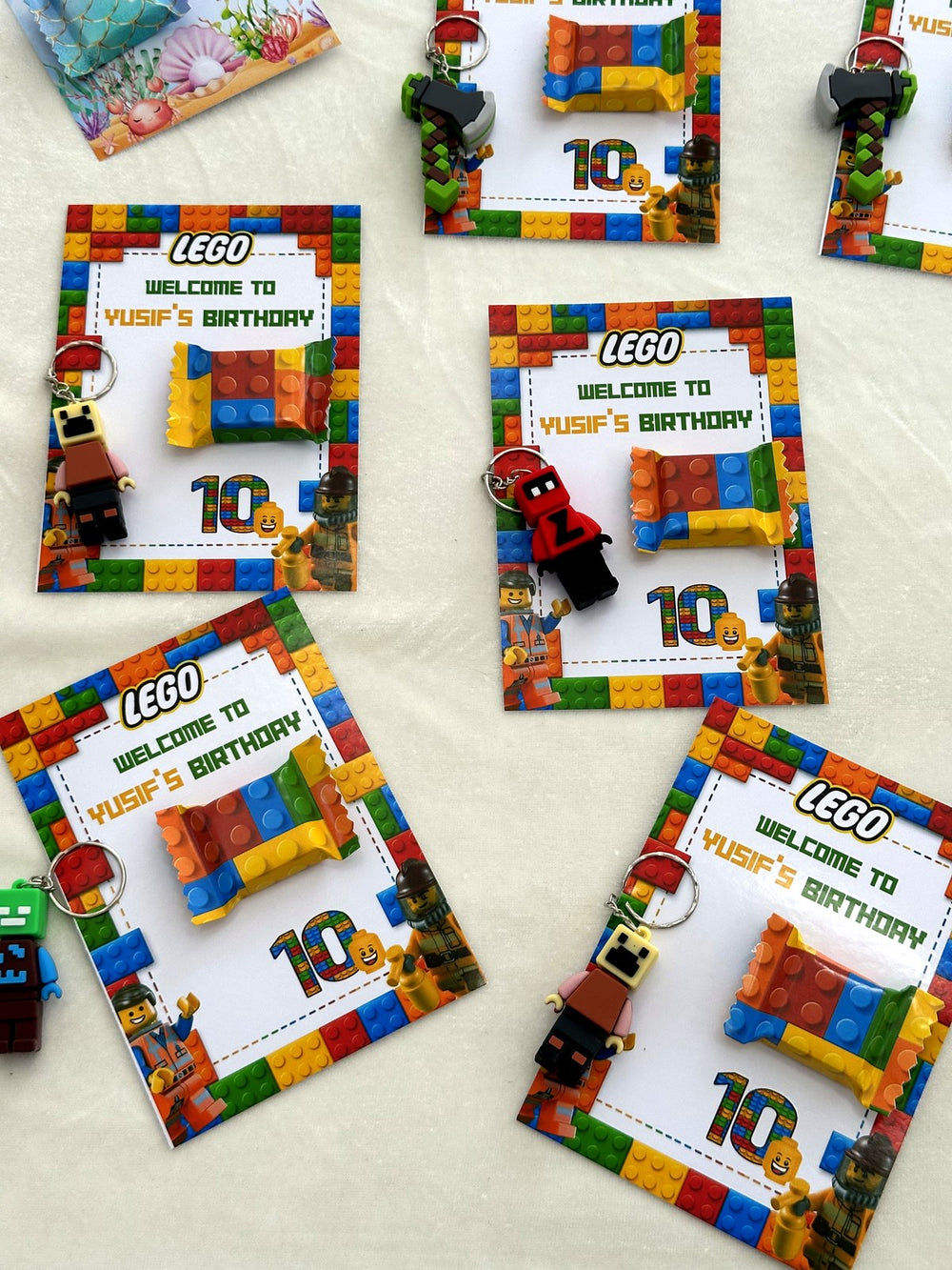 LEGO Birthday Favor Cards with Minifigure Keychain — Chocodad Baku