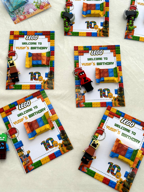 LEGO Birthday Favor Cards with Minifigure Keychain — Chocodad Baku