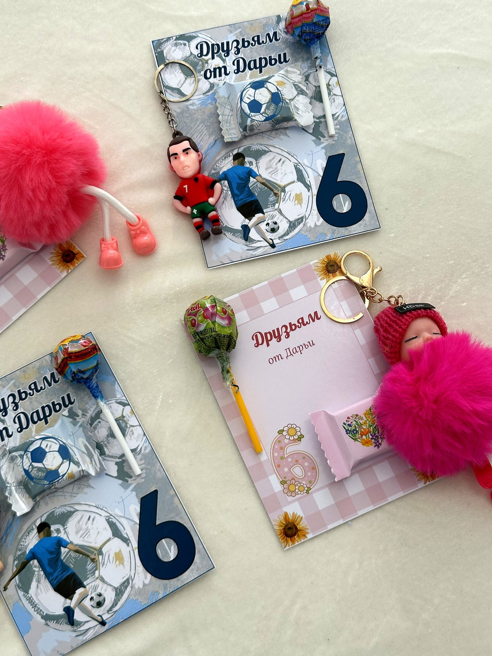Football and Sunflower Birthday Favor Cards with Keychain & Chocolate — Chocodad Baku