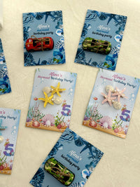 Mermaid and Ocean Birthday Party Favor Cards with Starfish Hair Clips or Toy Car — Chocodad Baku
