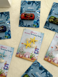 Mermaid and Ocean Birthday Party Favor Cards with Starfish Hair Clips or Toy Car — Chocodad Baku