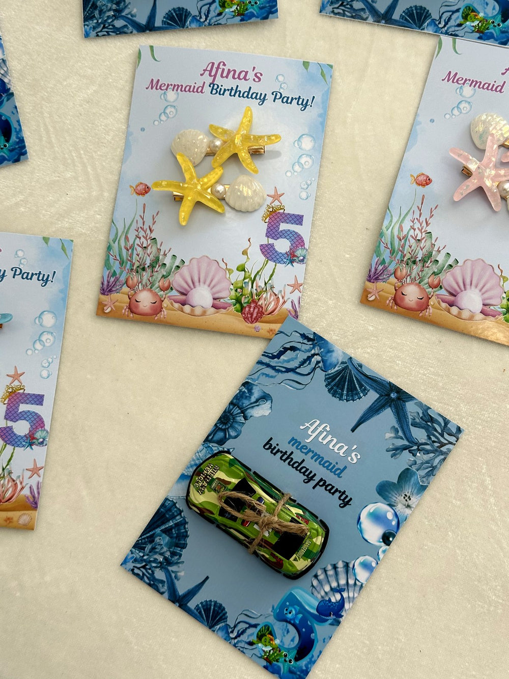 Mermaid and Ocean Birthday Party Favor Cards with Starfish Hair Clips or Toy Car — Chocodad Baku