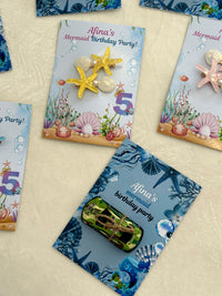 Mermaid and Ocean Birthday Party Favor Cards with Starfish Hair Clips or Toy Car — Chocodad Baku
