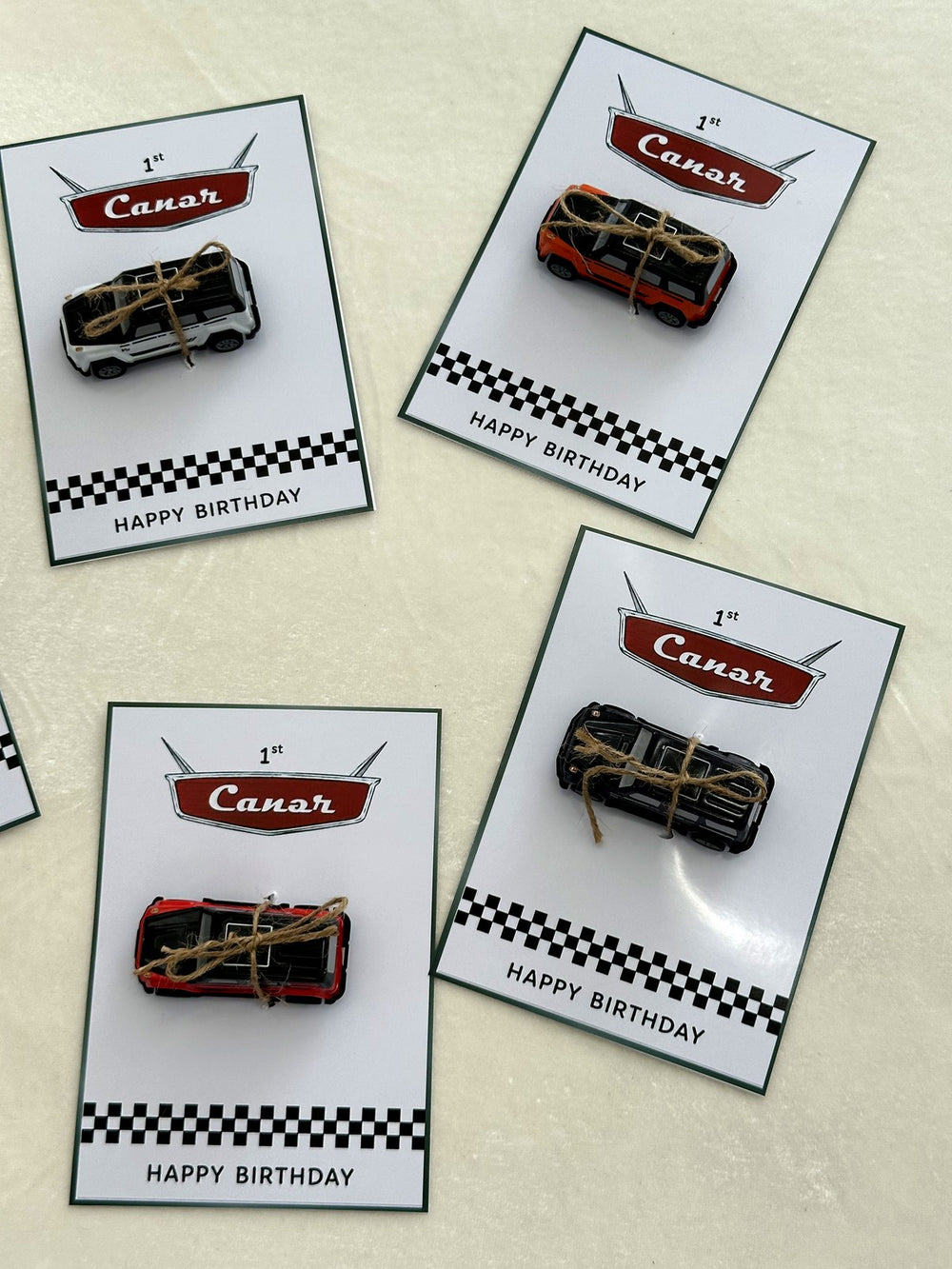 Racing Checkered 1st Birthday Favor Cards with Toy Car — Chocodad Baku
