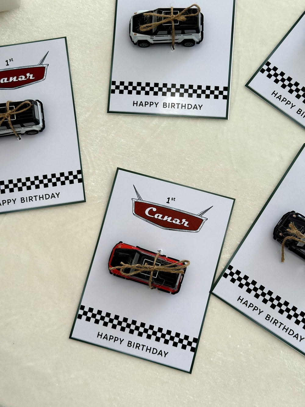 Racing Checkered 1st Birthday Favor Cards with Toy Car — Chocodad Baku