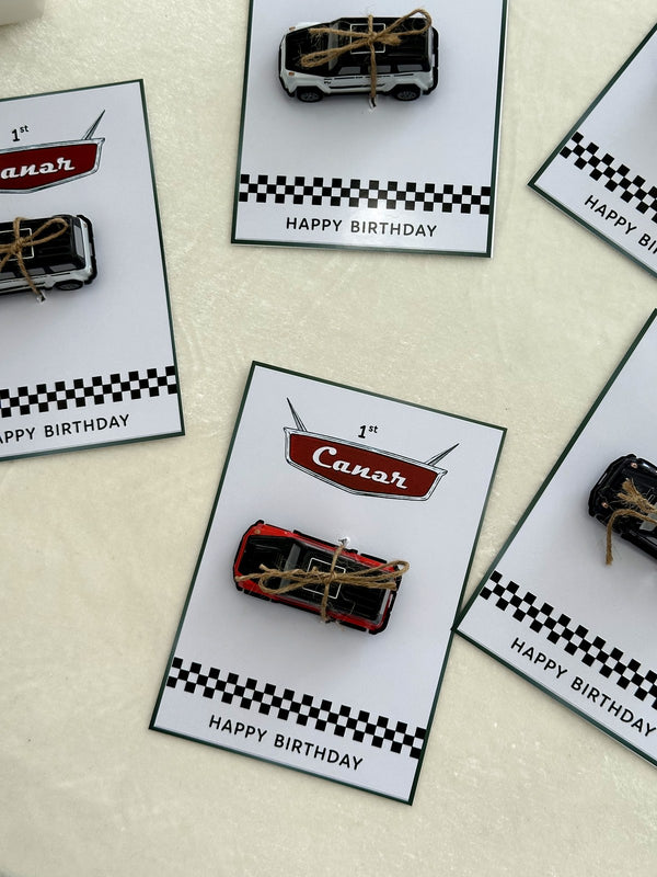 Racing Checkered 1st Birthday Favor Cards with Toy Car — Chocodad Baku