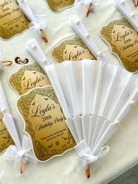 Gold Vintage Frame Birthday Party Cards with White Pearl Hand Fan — Chocodad Baku