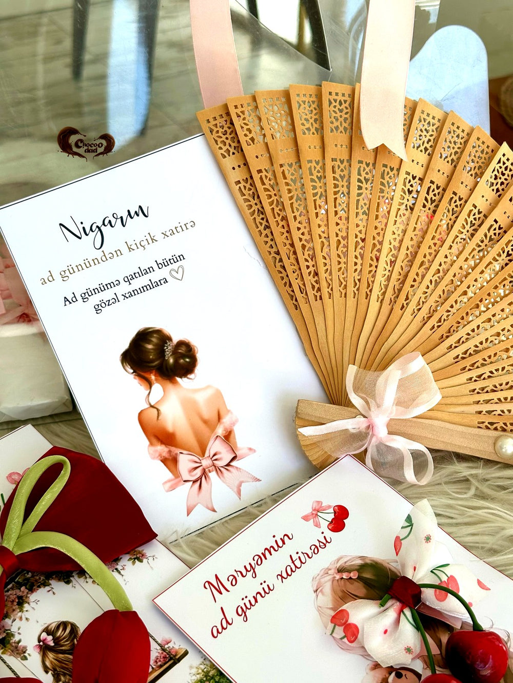 Lady Silhouette Birthday Keepsake Cards with Wooden Hand Fan — Chocodad Baku