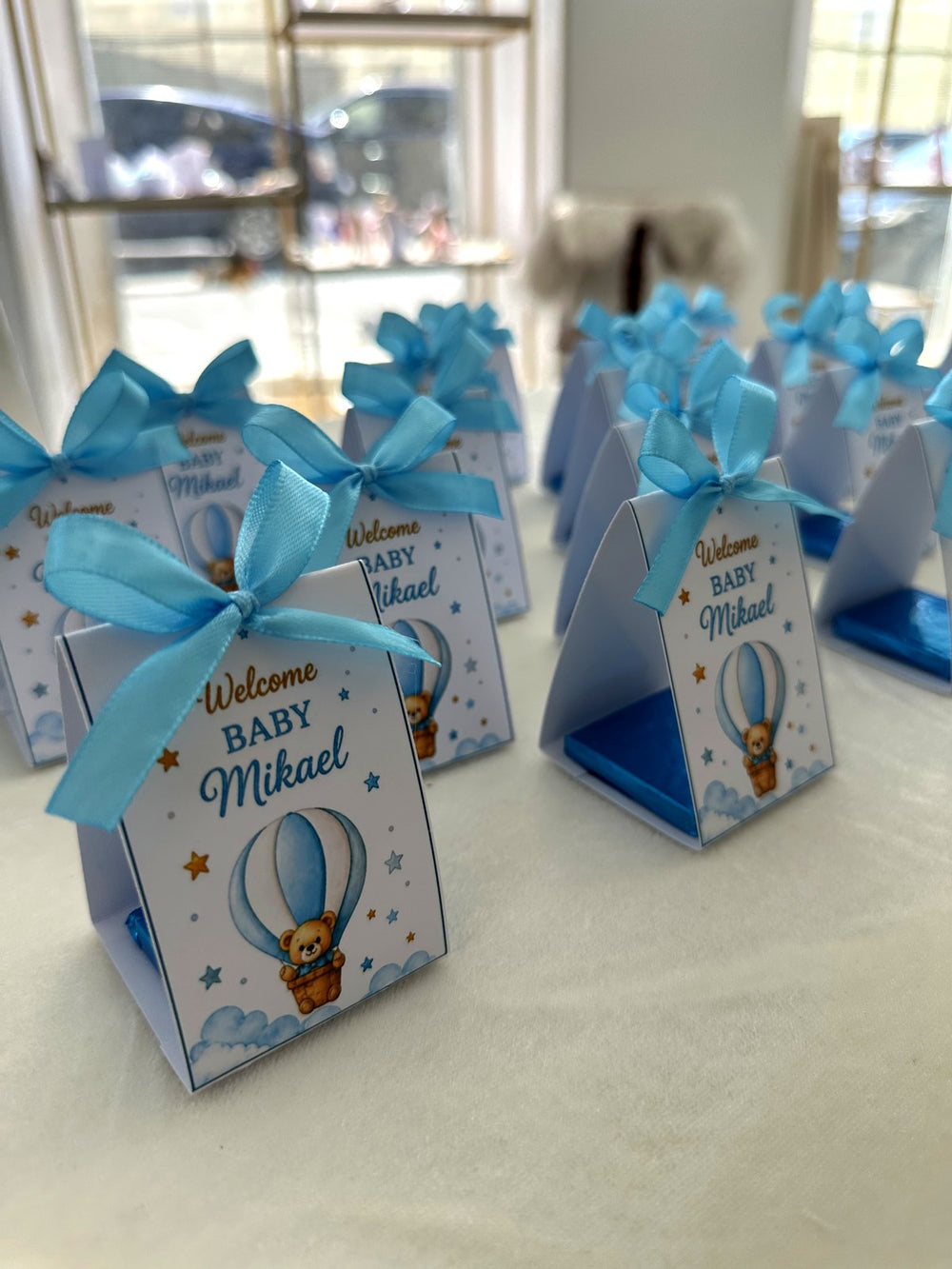 Hot Air Balloon Teddy Welcome Baby Pyramid Boxes with Blue Ribbon & Chocolate — Chocodad Baku