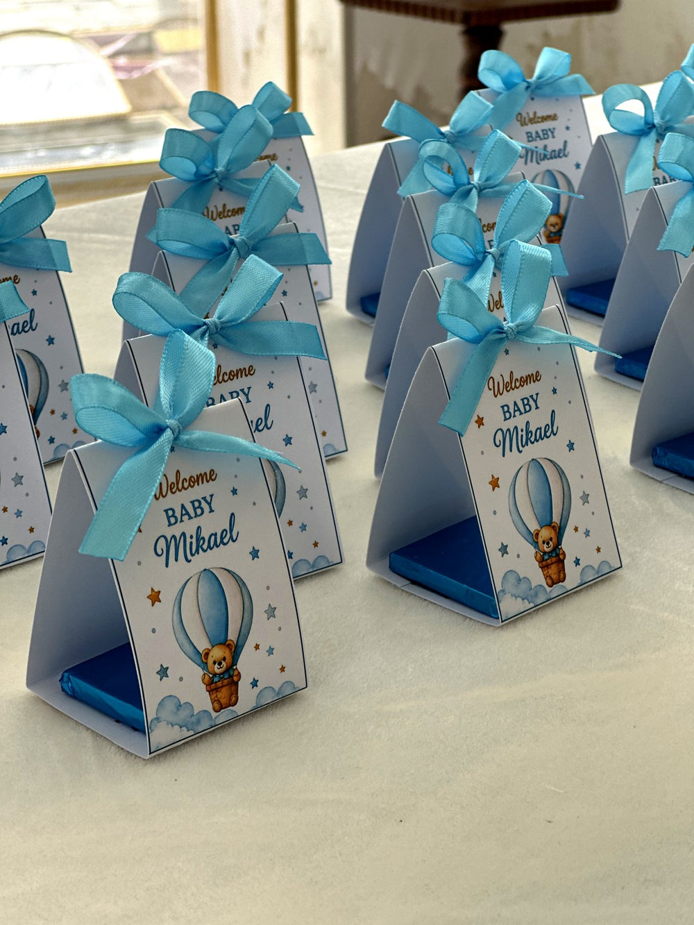 Hot Air Balloon Teddy Welcome Baby Pyramid Boxes with Blue Ribbon & Chocolate — Chocodad Baku