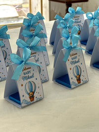 Hot Air Balloon Teddy Welcome Baby Pyramid Boxes with Blue Ribbon & Chocolate — Chocodad Baku