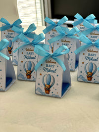 Hot Air Balloon Teddy Welcome Baby Pyramid Boxes with Blue Ribbon & Chocolate — Chocodad Baku