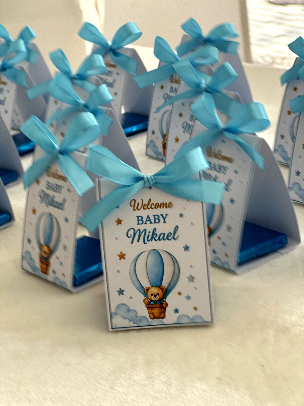 Hot Air Balloon Teddy Welcome Baby Pyramid Boxes with Blue Ribbon & Chocolate — Chocodad Baku