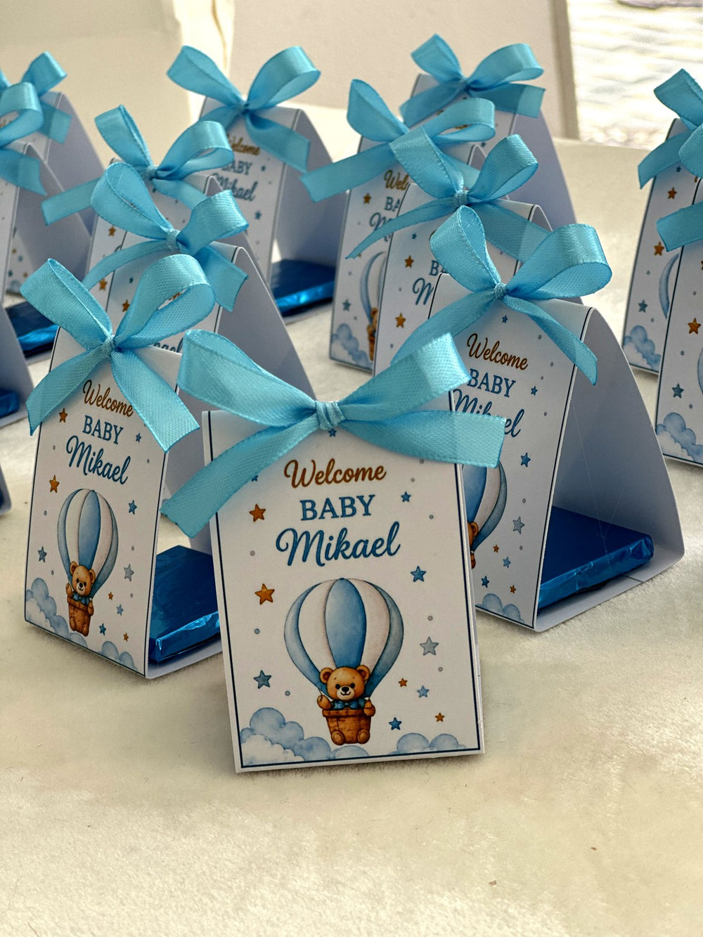 Hot Air Balloon Teddy Welcome Baby Pyramid Boxes with Blue Ribbon & Chocolate — Chocodad Baku
