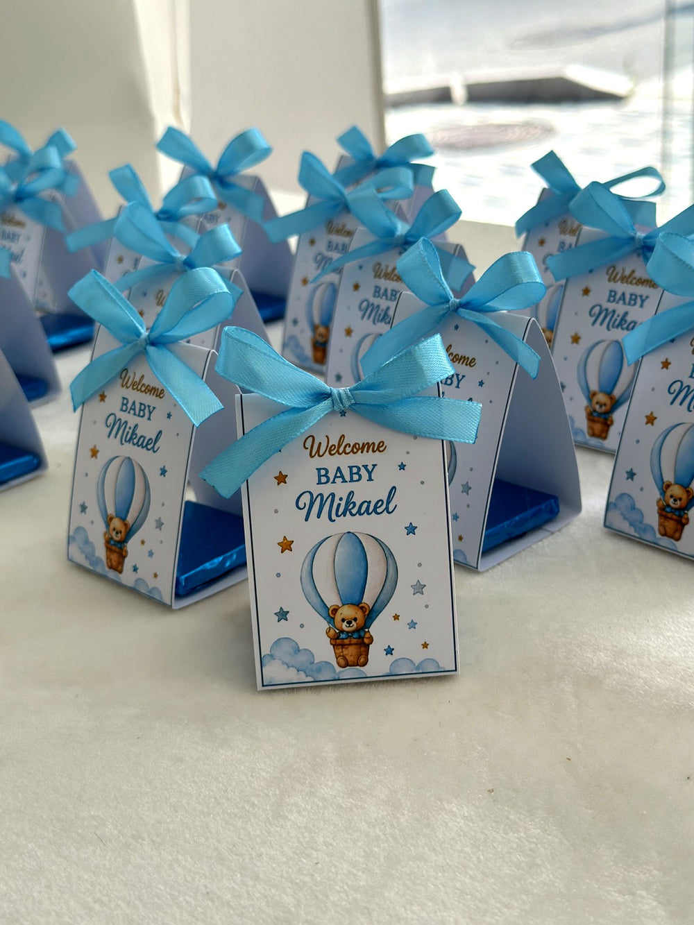 Hot Air Balloon Teddy Welcome Baby Pyramid Boxes with Blue Ribbon & Chocolate — Chocodad Baku