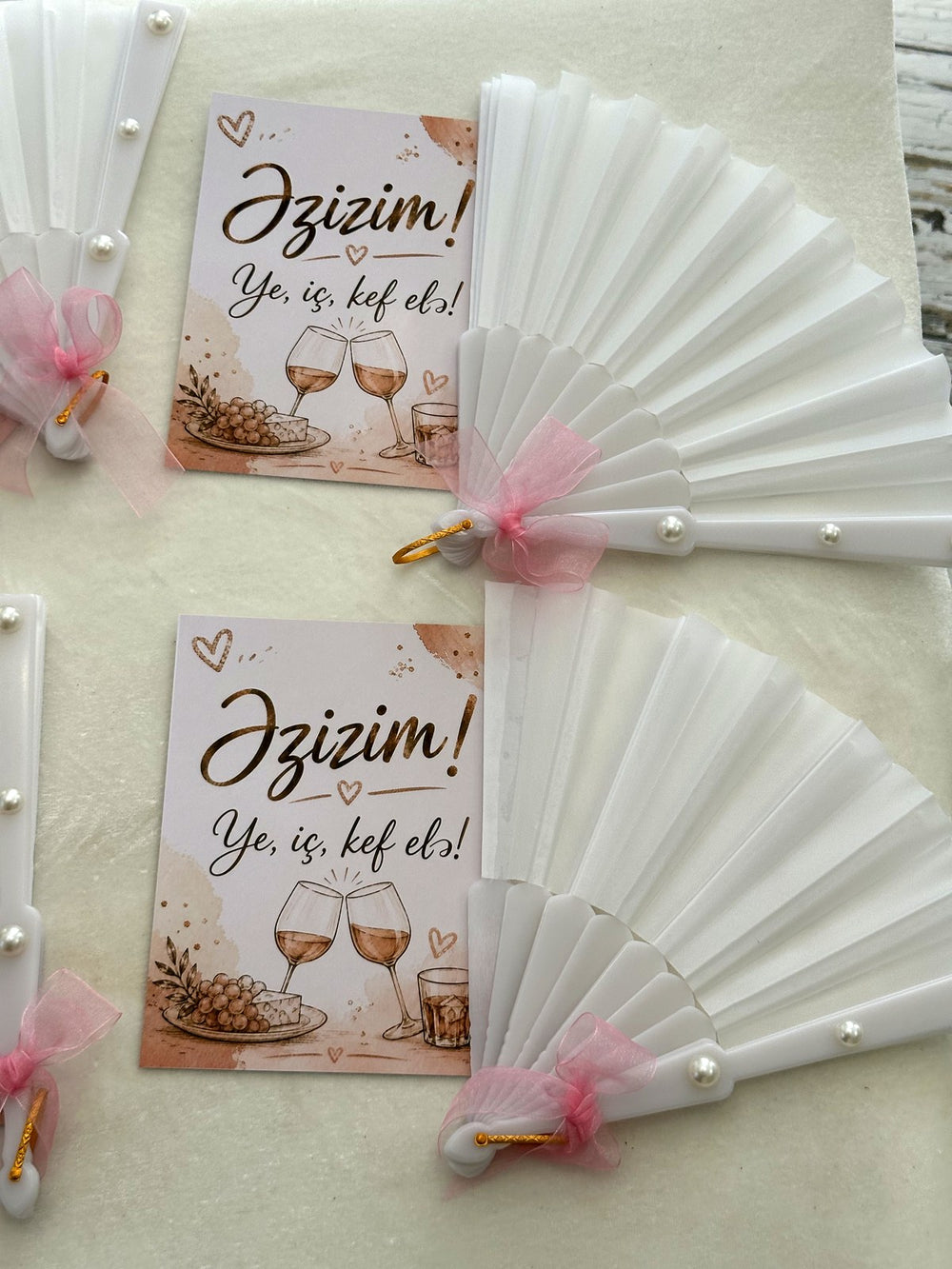 Cheers Party Cards with White Hand Fan & Pink Tulle — Chocodad Baku