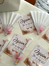 Cheers Party Cards with White Hand Fan & Pink Tulle — Chocodad Baku