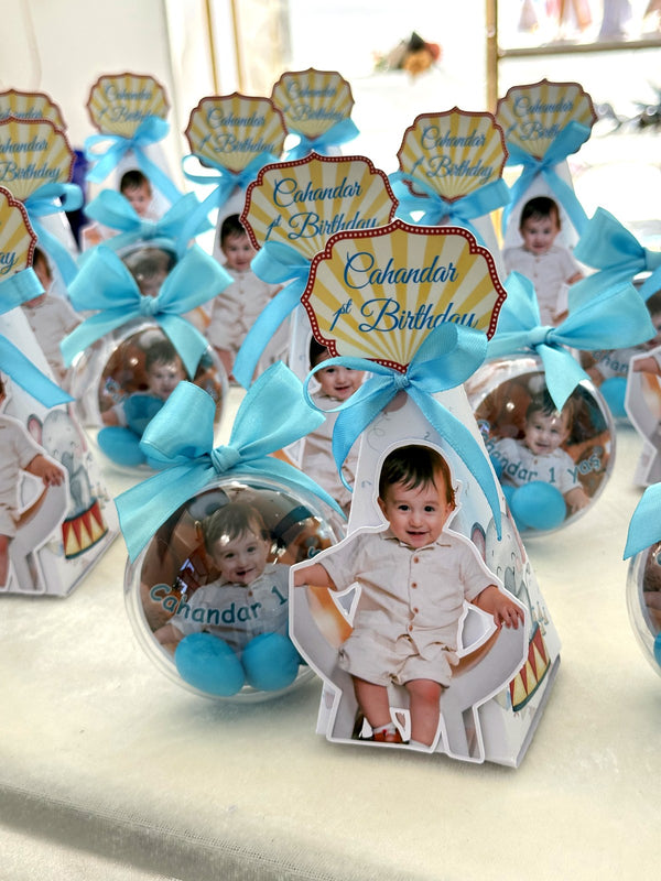Baby Photo Cut-Out 1st Birthday Favors with Blue Chocolate Dragee Ball — Chocodad Baku