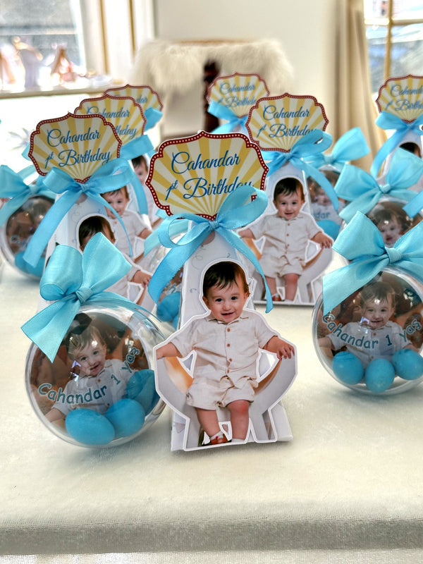 Baby Photo Cut-Out 1st Birthday Favors with Blue Chocolate Dragee Ball — Chocodad Baku