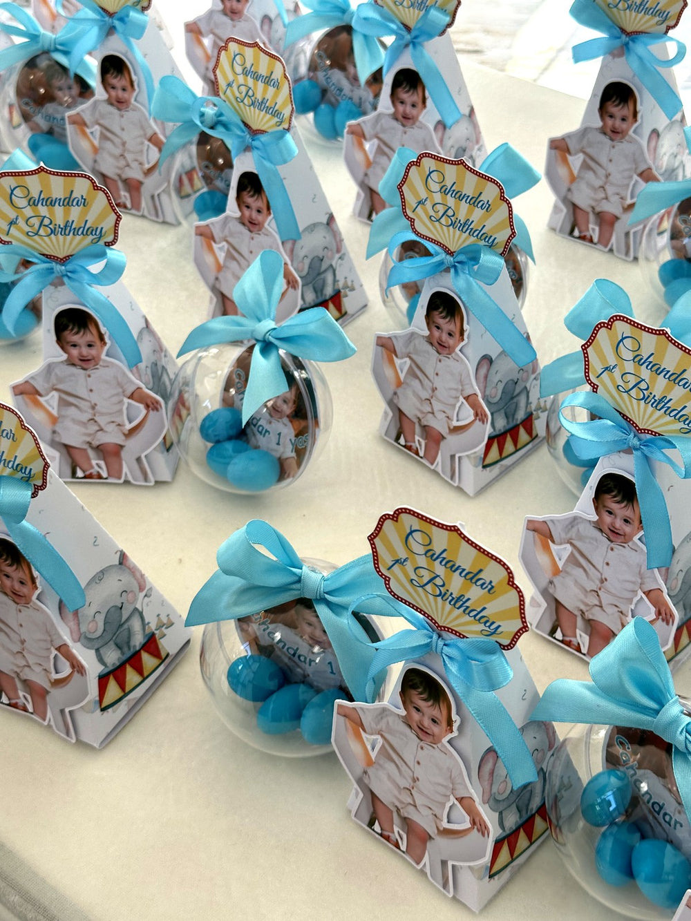 Baby Photo Cut-Out 1st Birthday Favors with Blue Chocolate Dragee Ball — Chocodad Baku