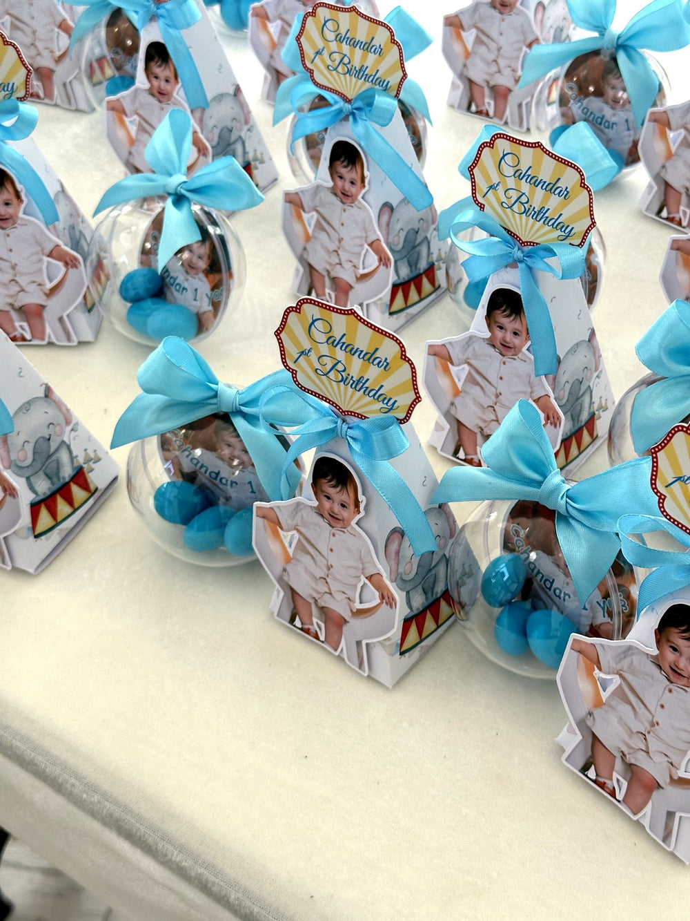 Baby Photo Cut-Out 1st Birthday Favors with Blue Chocolate Dragee Ball — Chocodad Baku