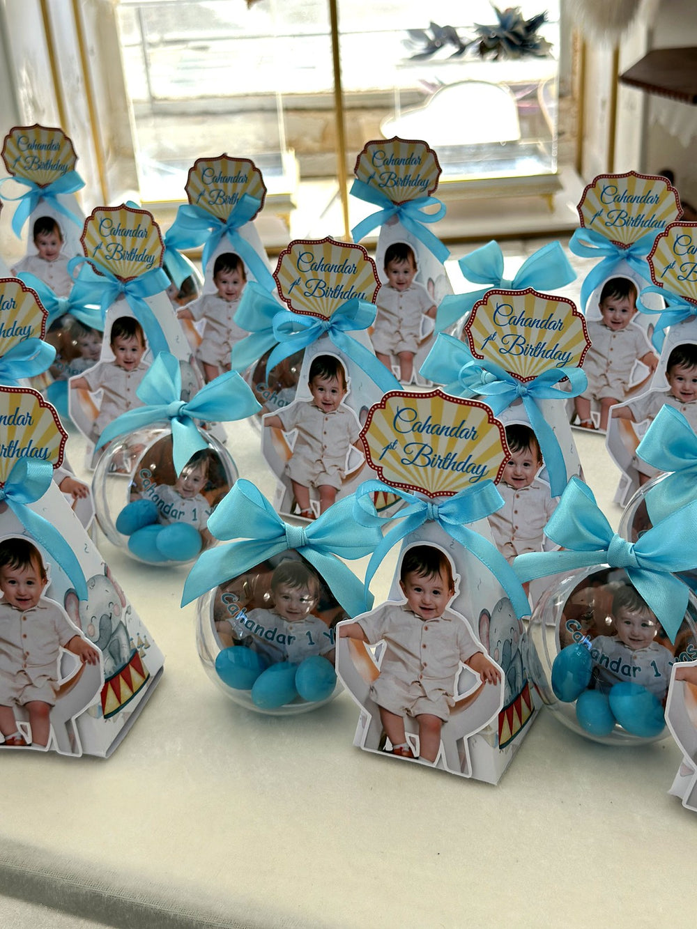 Baby Photo Cut-Out 1st Birthday Favors with Blue Chocolate Dragee Ball — Chocodad Baku