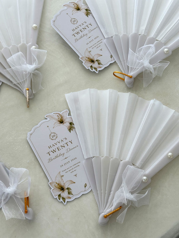 White Lily Birthday Dinner Cards with White Pearl Hand Fan — Chocodad Baku