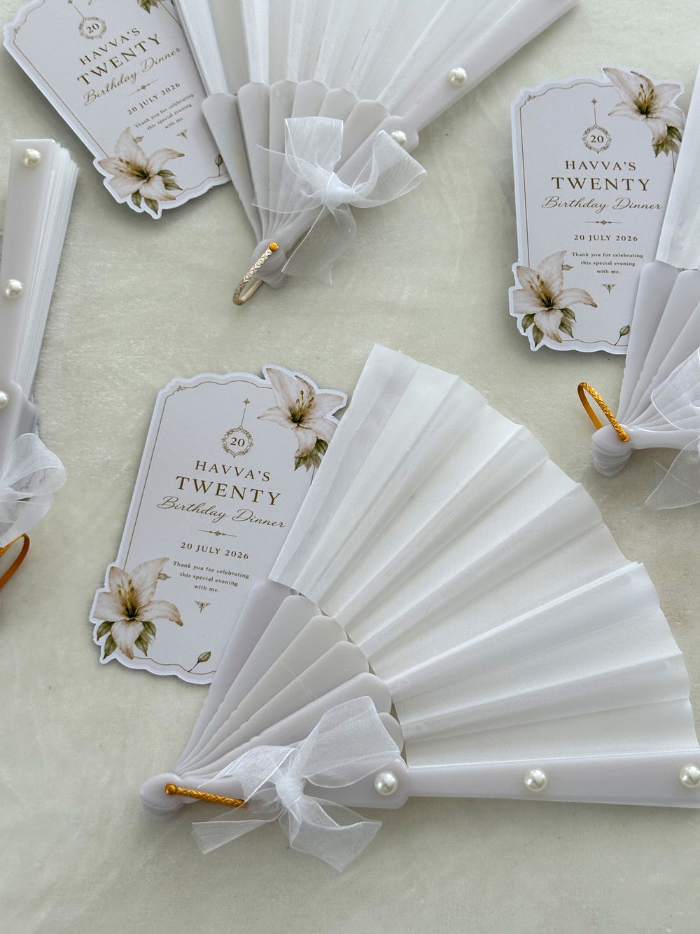 White Lily Birthday Dinner Cards with White Pearl Hand Fan — Chocodad Baku