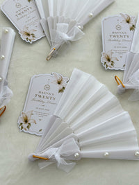 White Lily Birthday Dinner Cards with White Pearl Hand Fan — Chocodad Baku