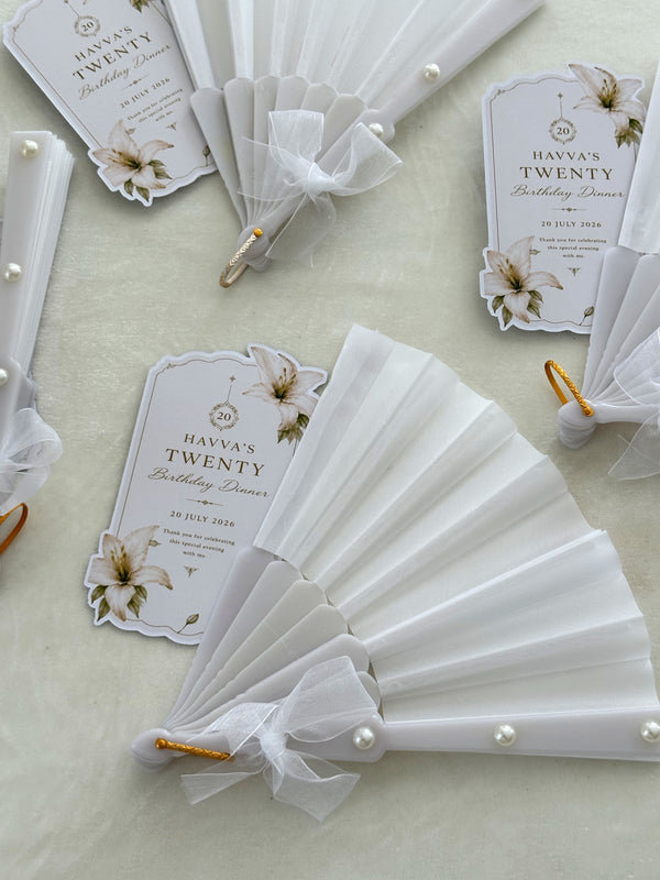 White Lily Birthday Dinner Cards with White Pearl Hand Fan — Chocodad Baku