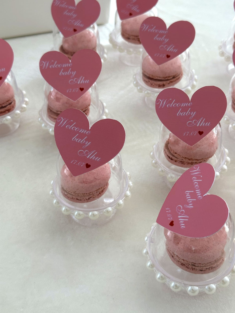 Welcome Baby Heart Topper Macarons in Pearl Dome — Chocodad Baku