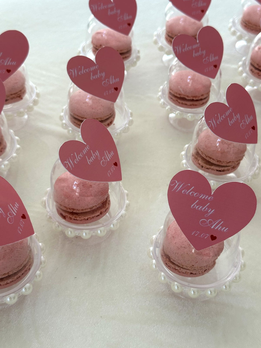 Welcome Baby Heart Topper Macarons in Pearl Dome — Chocodad Baku