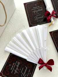 Unforgettable Evening Thank You Cards with White Fan & Burgundy Bow — Chocodad Baku