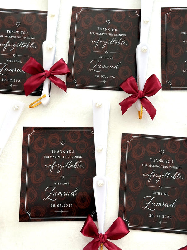 Unforgettable Evening Thank You Cards with White Fan & Burgundy Bow — Chocodad Baku
