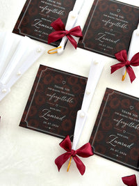 Unforgettable Evening Thank You Cards with White Fan & Burgundy Bow — Chocodad Baku