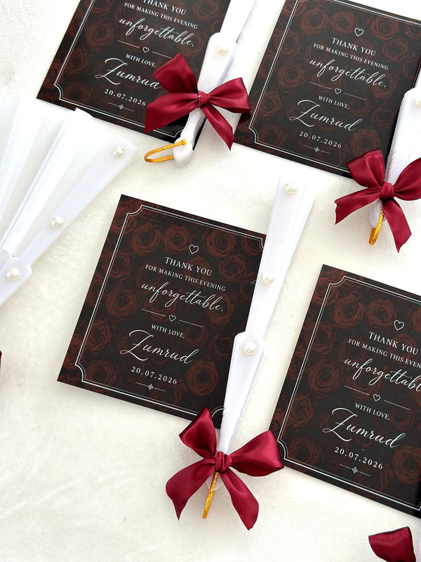 Unforgettable Evening Thank You Cards with White Fan & Burgundy Bow — Chocodad Baku