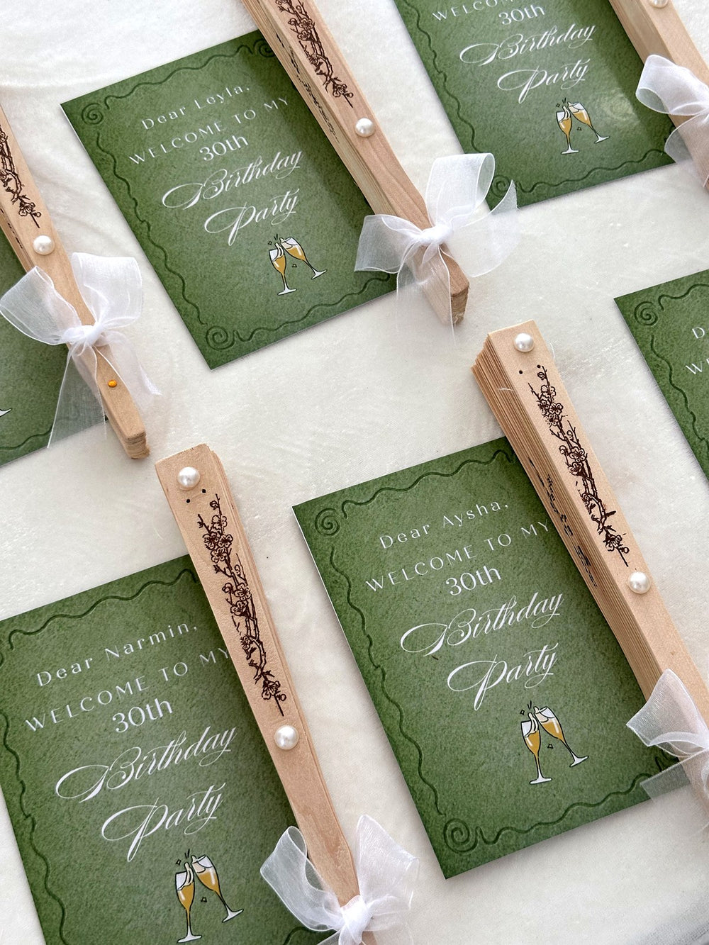 Olive Green Champagne Birthday Party Cards with Wooden Hand Fan — Chocodad Baku