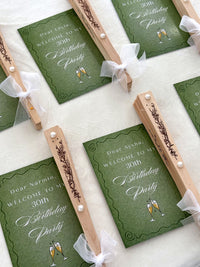 Olive Green Champagne Birthday Party Cards with Wooden Hand Fan — Chocodad Baku