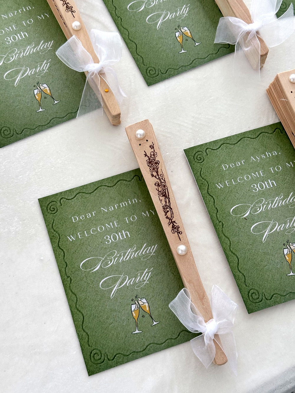 Olive Green Champagne Birthday Party Cards with Wooden Hand Fan — Chocodad Baku