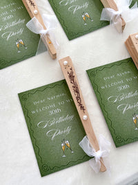Olive Green Champagne Birthday Party Cards with Wooden Hand Fan — Chocodad Baku