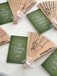 Olive Green Champagne Birthday Party Cards with Wooden Hand Fan — Chocodad Baku