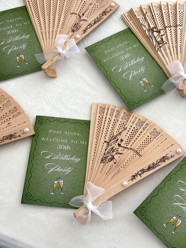 Olive Green Champagne Birthday Party Cards with Wooden Hand Fan — Chocodad Baku
