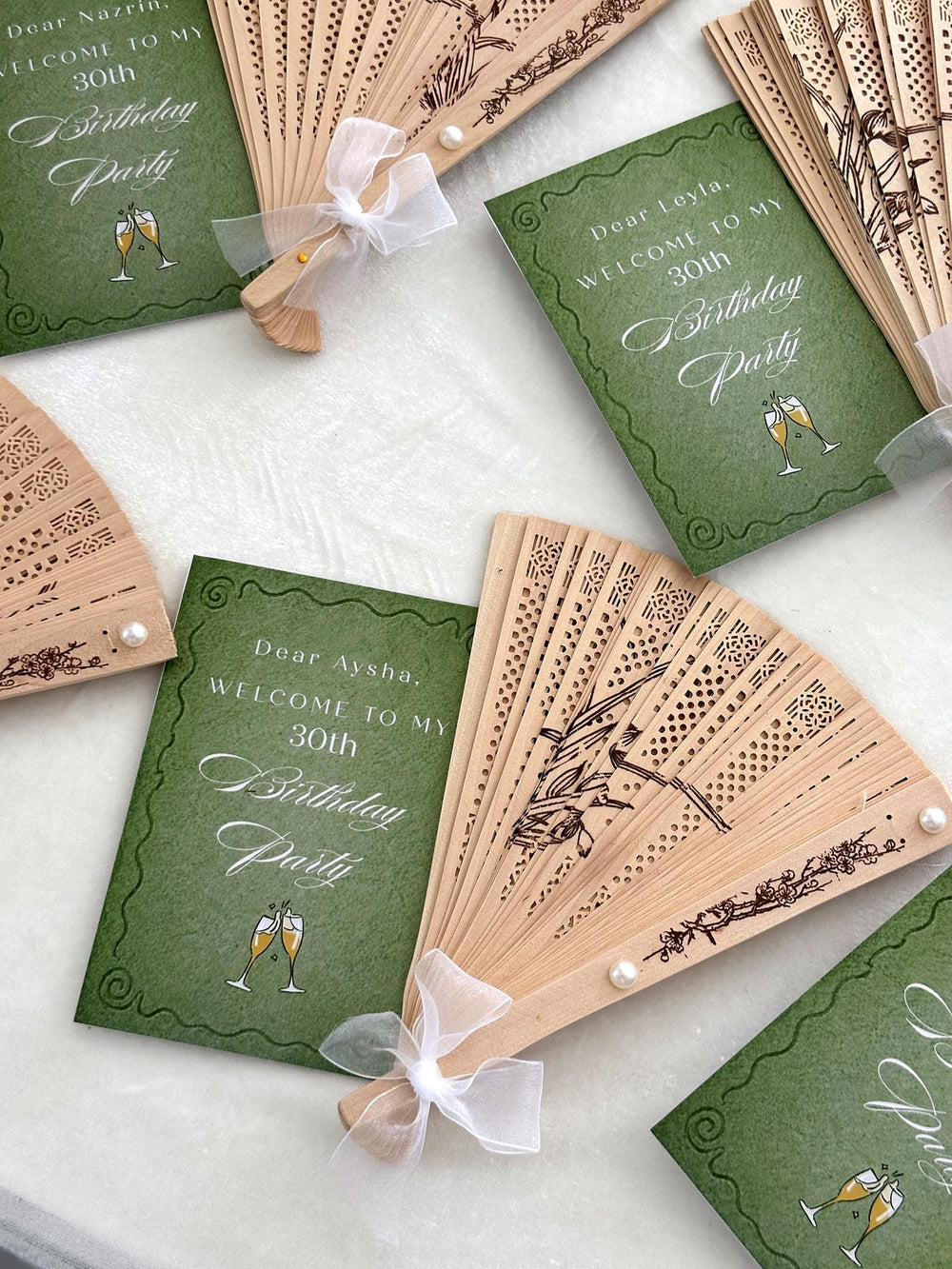 Olive Green Champagne Birthday Party Cards with Wooden Hand Fan — Chocodad Baku