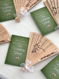 Olive Green Champagne Birthday Party Cards with Wooden Hand Fan — Chocodad Baku