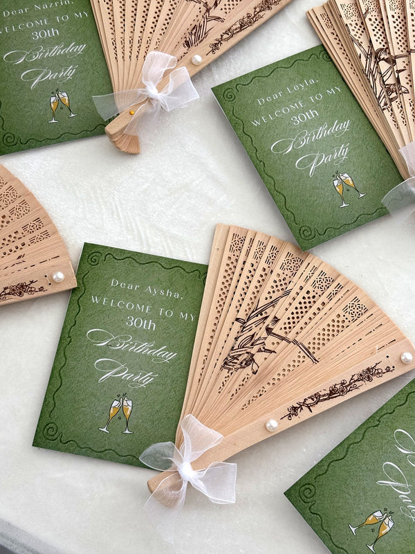 Olive Green Champagne Birthday Party Cards with Wooden Hand Fan — Chocodad Baku